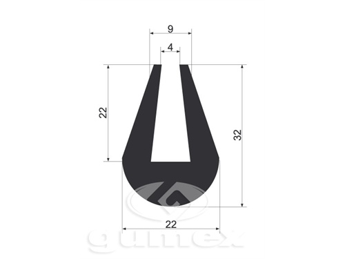 Pryžový profil tvaru "U", 32x22/9mm, 70°ShA, EPDM, -40°C/+100°C, černý